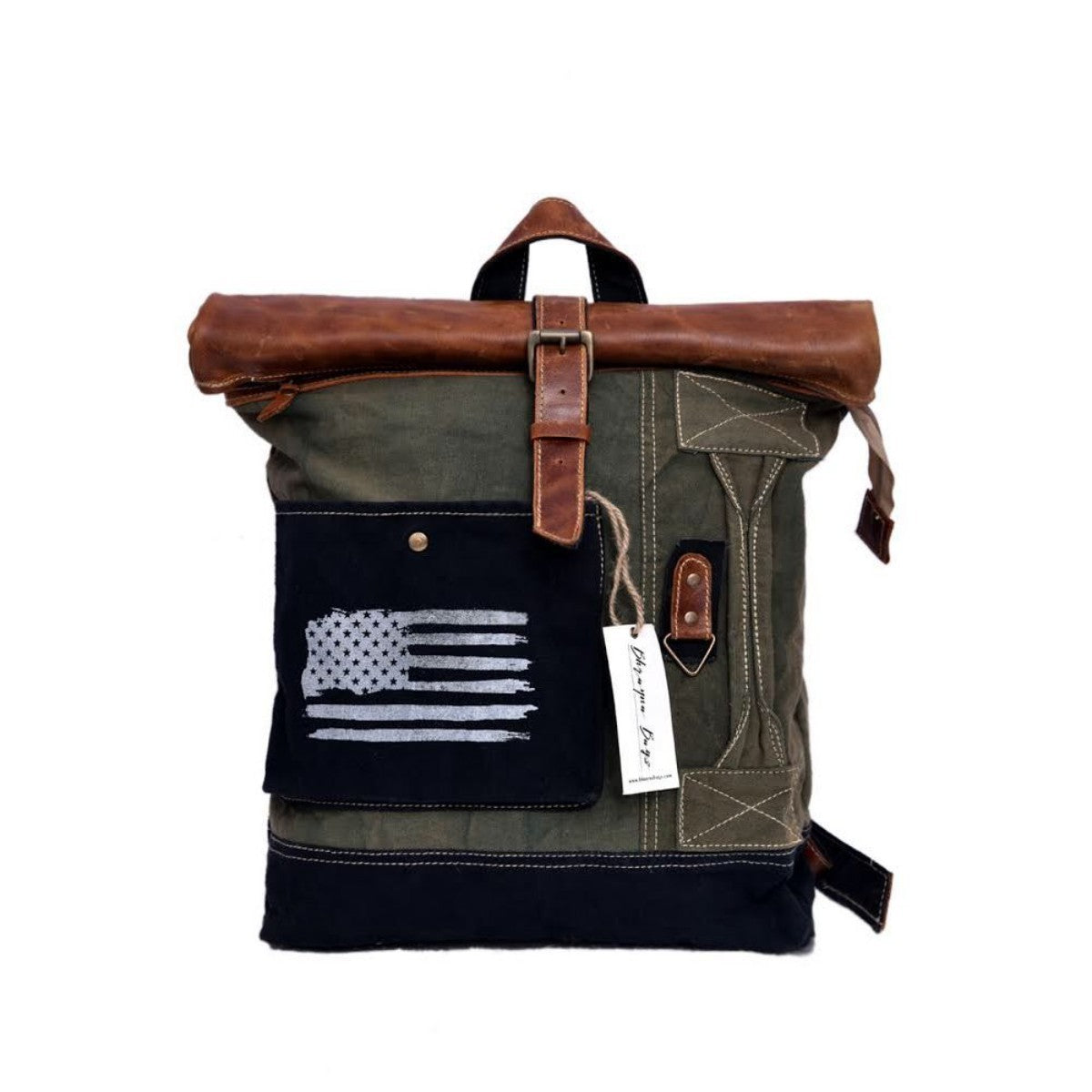 Flag Print and Leather Fold Backpack