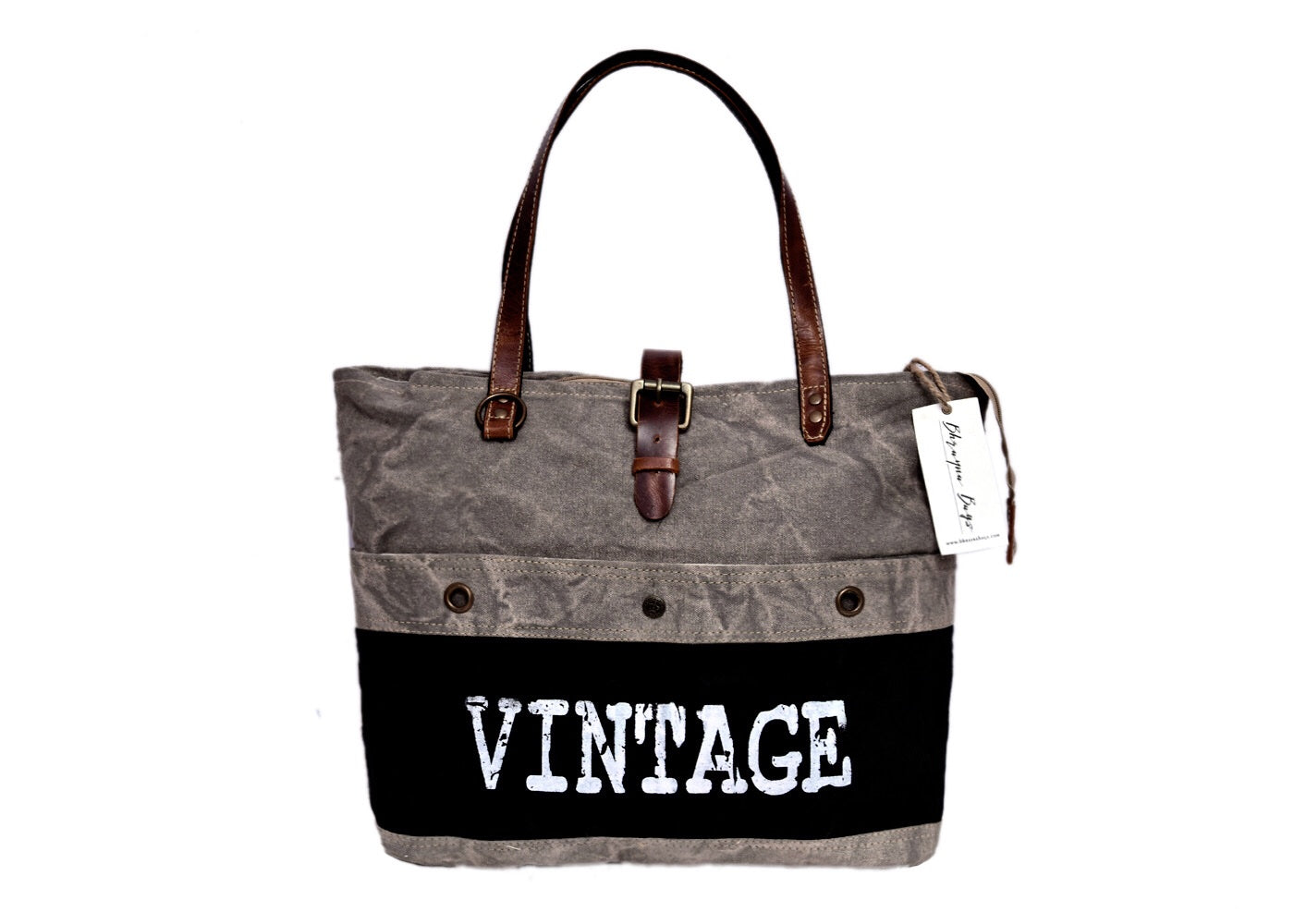 White Vintage Print On Black Tote Bag