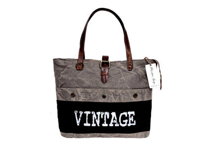 White Vintage Print On Black Tote Bag