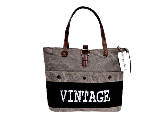 White Vintage Print On Black Tote Bag