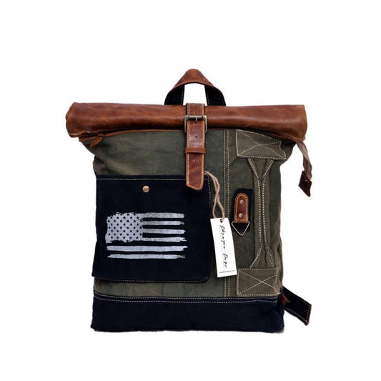 Flag Print and Leather Fold Backpack