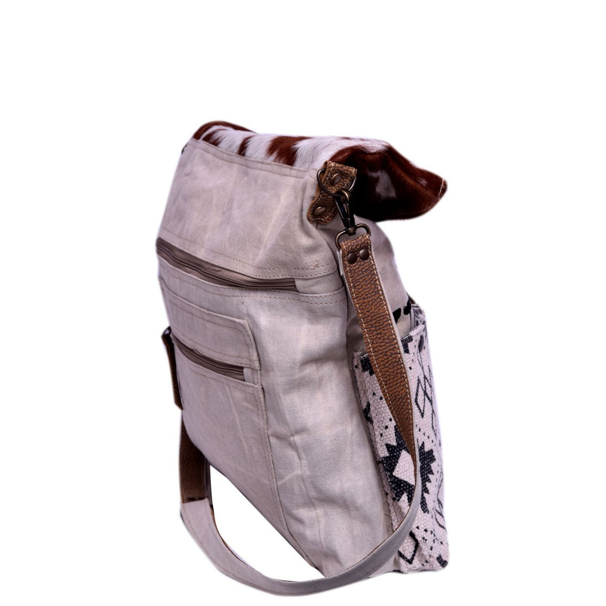 Half Vintage Print With Hairon Flap Shoulder Bag
