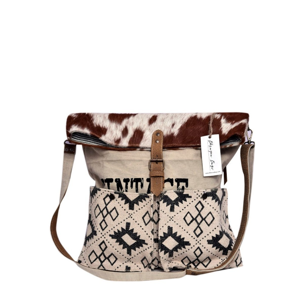 Half Vintage Print With Hairon Flap Shoulder Bag