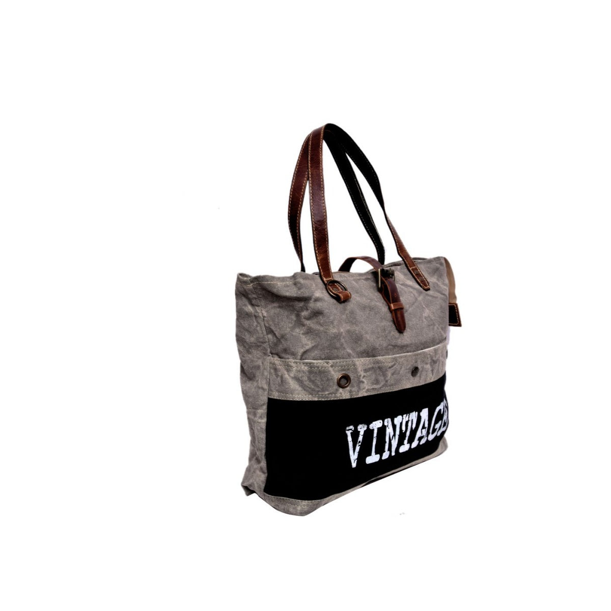White Vintage Print On Black Tote Bag