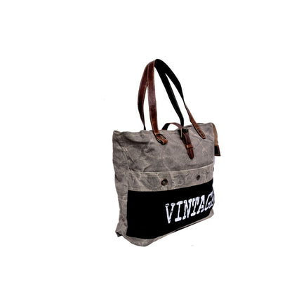 White Vintage Print On Black Tote Bag