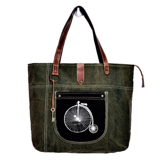 Cycle Print Green Tote Bag