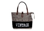 White Vintage Print On Black Tote Bag