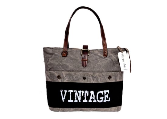 White Vintage Print On Black Tote Bag
